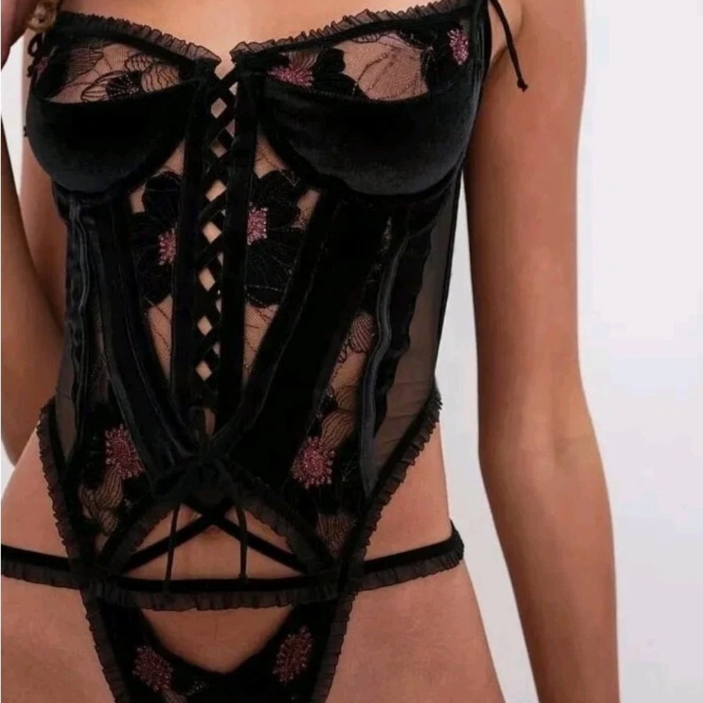 For Love and Lemons Margot Embroidered  Bodysuit Sheer Panel Velvet Trim XL